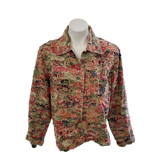 Life Style Womens Shirt Jacket Green Brown Floral Buttons Pintuck Beaded Lined - Picture 2 of 10